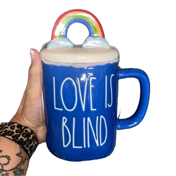 Rae Dunn LOVE IS BLIND rainbow topper mug NEW - Picture 1 of 4